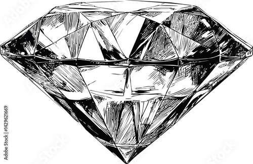 Intricately sketched black and white diamond gemstone illustration on white. Vector illustration