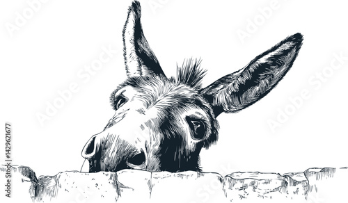 Donkey peeking over a brick wall in detailed black and white sketch. Vector illustration