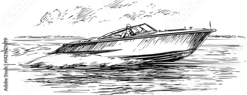 Speedboat skimming over the waves in a dynamic black and white sketch. Vector illustration