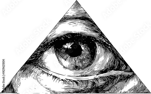 Monochrome eye in triangle depicting all-seeing eye symbol, black and white sketch. Vector illustration