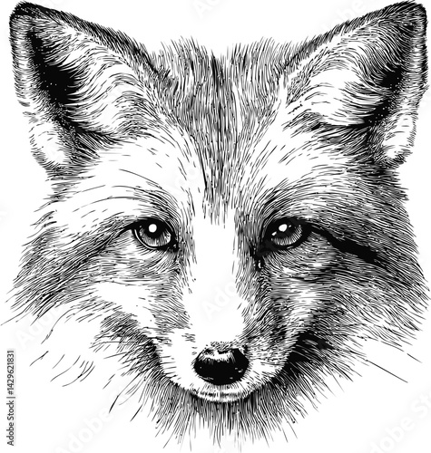 Intricate black and white illustration of a fox's face with detailed fur lines. Vector illustration