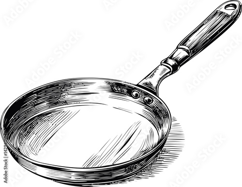 Hand-drawn black and white frying pan with wooden handle illustration. Vector illustration