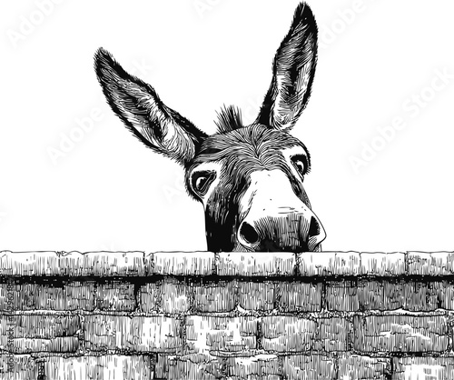 Illustration of a donkey peeking over a brick wall in black and white style. Vector illustration