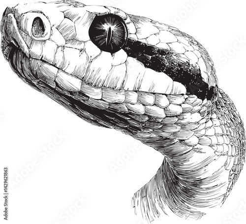 Illustration of a detailed snake head with scales and texture in black and white. Vector illustration