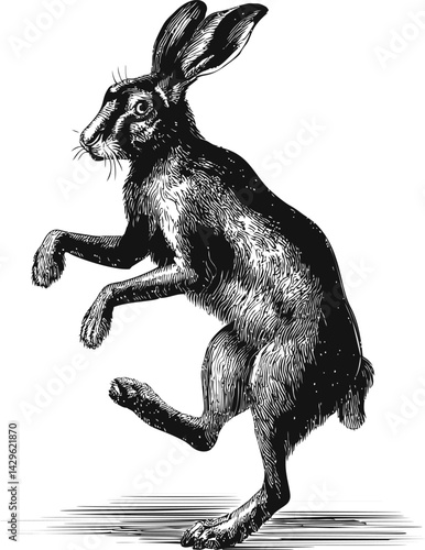 Detailed black and white drawing of a standing hare with intricate fur lines. Vector illustration