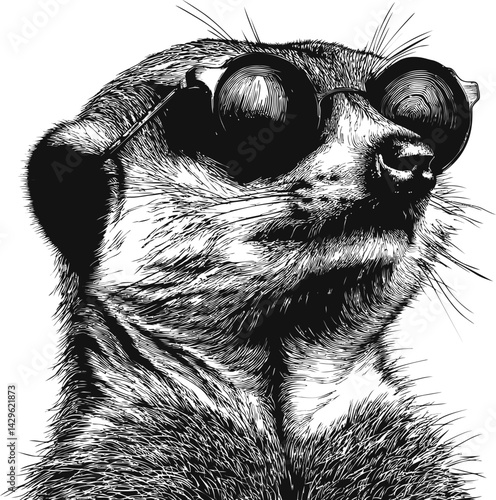 Stylish meerkat wearing sunglasses in black and white illustration. Vector illustration