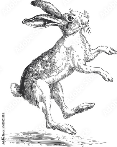 Dancing rabbit black and white detailed illustration in vintage style, artistic sketch. Vector illustration