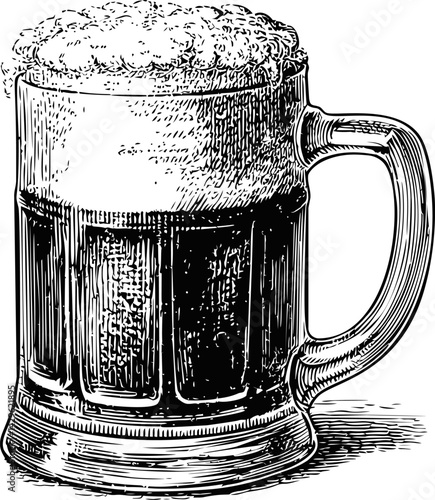 Illustration of a frothy beer mug with vintage engraving style art. Vector illustration