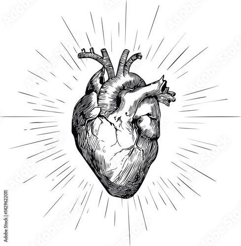 Black ink illustration of human heart with radiating lines depicting energy. Vector illustration