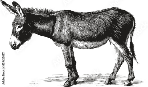 Detailed black and white illustration of a donkey standing in profile view. Vector illustration