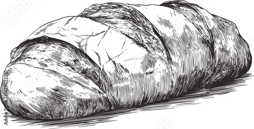 Realistic black and white sketch of a rustic loaf of bread on. Vector illustration
