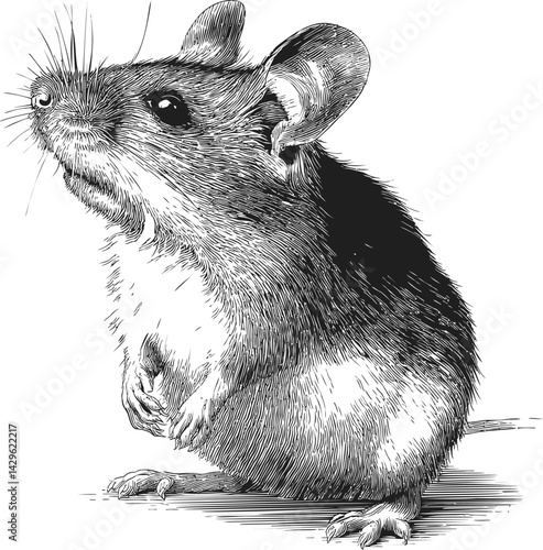 Detailed black and white illustration of a mouse with fine fur texture. Vector illustration