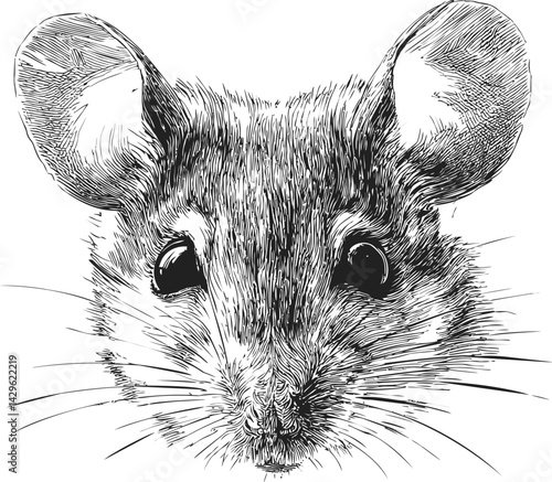 Detailed black and white sketch of a mouse face with large eyes and ears. Vector illustration