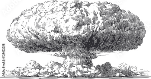 Black and white illustration of a large mushroom cloud, explosion concept. Vector illustration