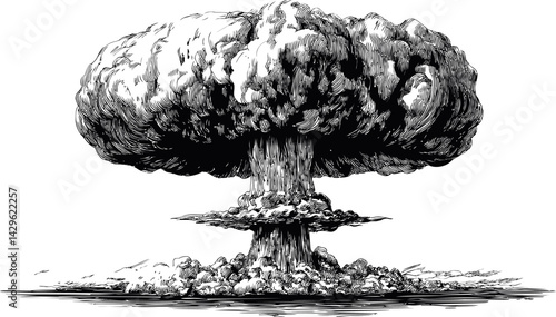 Black and white illustration of a mushroom cloud explosion with detailed shading. Vector illustration