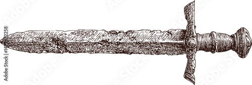 Detailed sketch of a rusty medieval sword with intricate handle design. Vector illustration