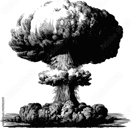 Black and white illustration of a large mushroom cloud explosion. Vector illustration