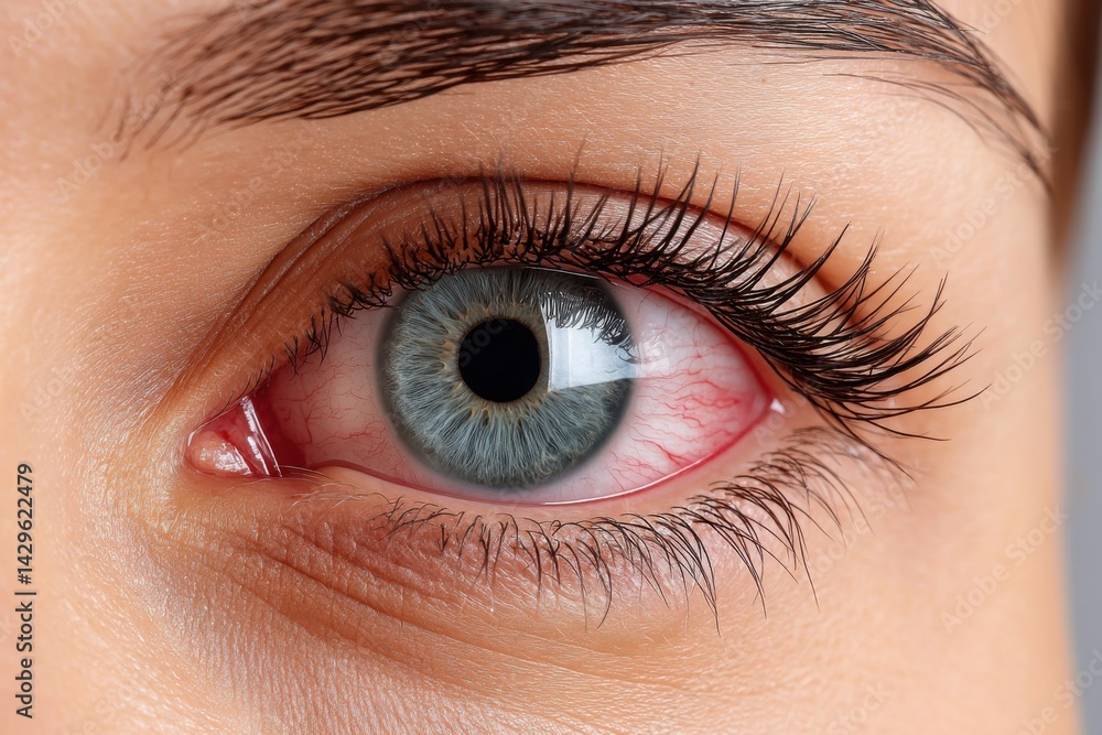 Obraz premium Close-up of a red, irritated eye with visible blood vessels, the eye is gray-blue with dark eyelashes.