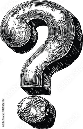 Black and white intricate sketch of a large 3d question mark illustration. Vector illustration