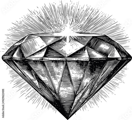 Detailed black and white illustration of a radiant diamond with shining lines. Vector illustration