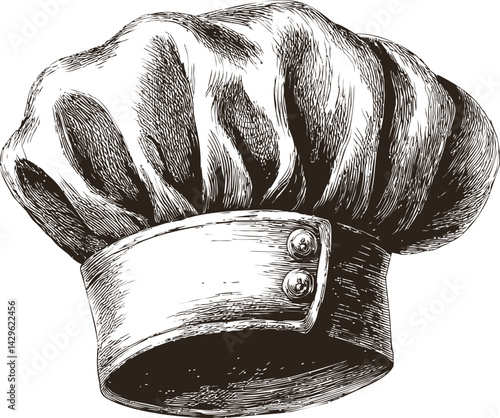 Detailed black and white sketch of a traditional chef hat with button details. Vector illustration