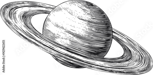 Black and white illustration of planet Saturn with detailed ring system. Vector illustration