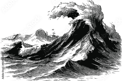 Black and white illustration of turbulent ocean waves, pen and ink sketch. Vector illustration