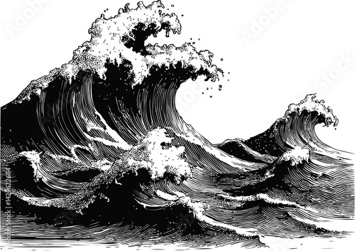 Black and white illustration of turbulent ocean waves, woodcut style. Vector illustration