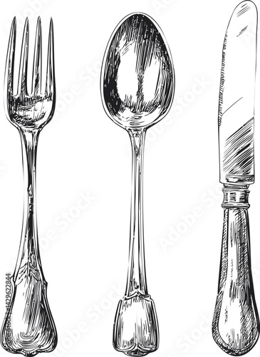 Black and white drawing of vintage cutlery with fork spoon and knife illustration. Vector illustration