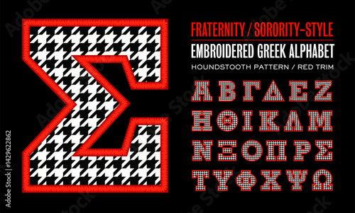 A fabric print style alphabet with a houndstooth pattern and red thread embroidered trim