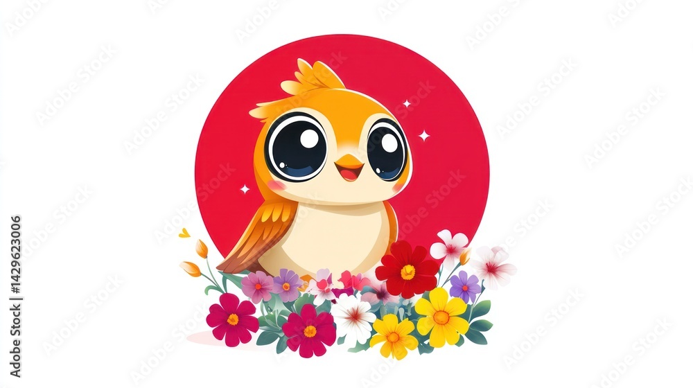 Fototapeta premium Cute orange bird sits among colorful flowers in front of red circle for kids designs