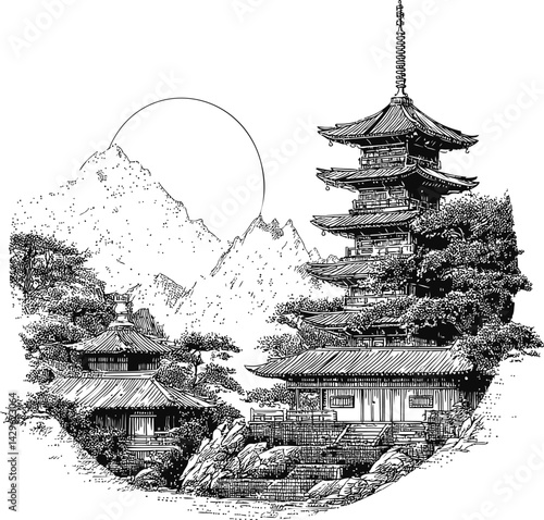Traditional japanese temple and pagoda with mountains, line art illustration. Vector illustration