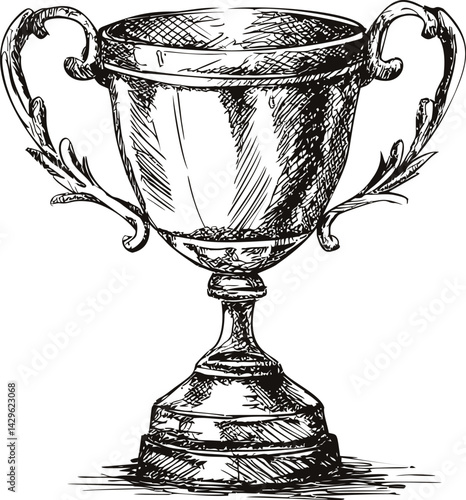 Detailed black and white sketch of a vintage trophy cup with ornate handles. Vector illustration