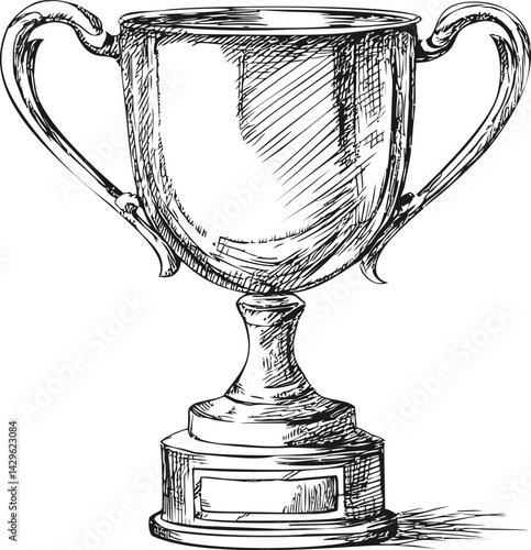 Hand drawn black and white trophy sketch with detailed engravings. Vector illustration