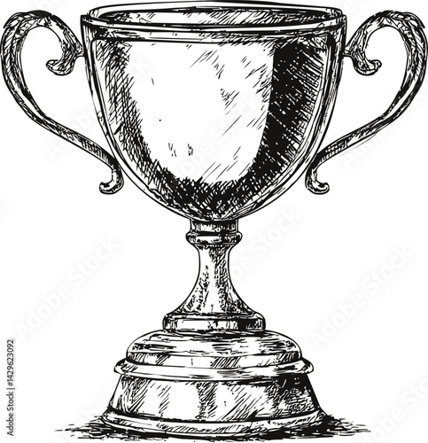 Black and white sketch of an ornate trophy cup with decorative handles. Vector illustration