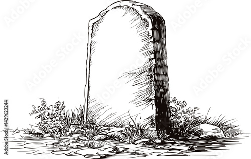 Stone tombstone surrounded by plants and rocks, black and white illustration. Vector illustration