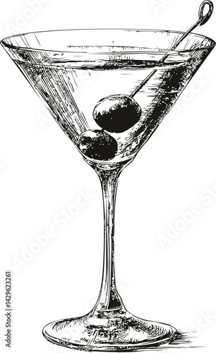 Sketch of martini glass with olives in black and white illustration style. Vector illustration