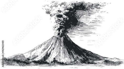 Volcanic eruption with smoke in black and white sketch style illustration. Vector illustration