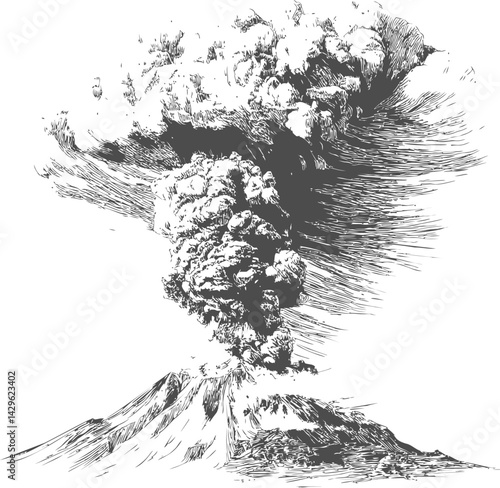 Volcanic eruption with ash cloud sketched in black and white illustration. Vector illustration