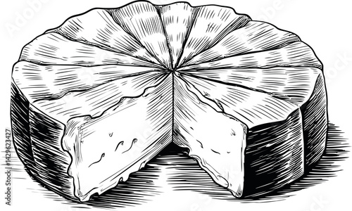 Black and white sketch of a sliced cheesecake with textured details, dessert illustration. Vector illustration