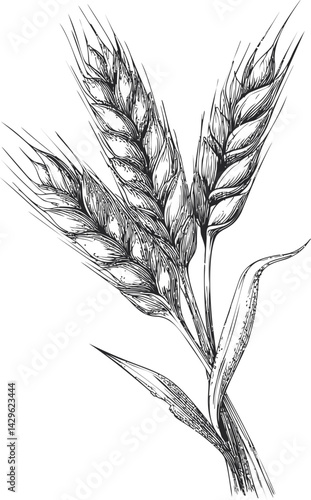 Detailed black and white wheat illustration with intricate lines, botanical art. Vector illustration