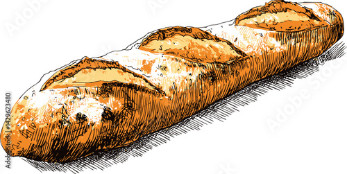 Illustration of a crusty golden baguette isolated on, food artwork. Vector illustration