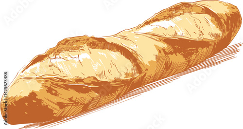Illustration of a freshly baked baguette with golden crust on. Vector illustration