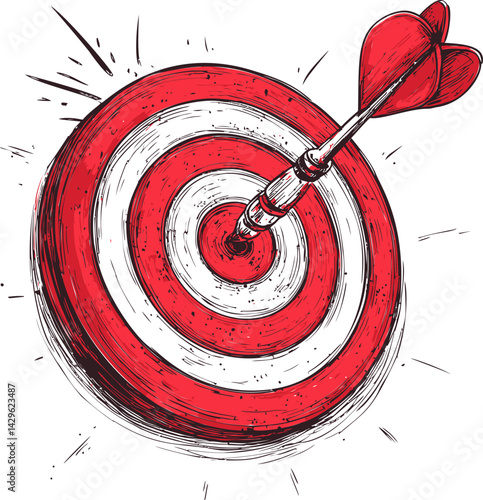 Red dart hitting center of target with sketched lines, symbol of focus. Vector illustration
