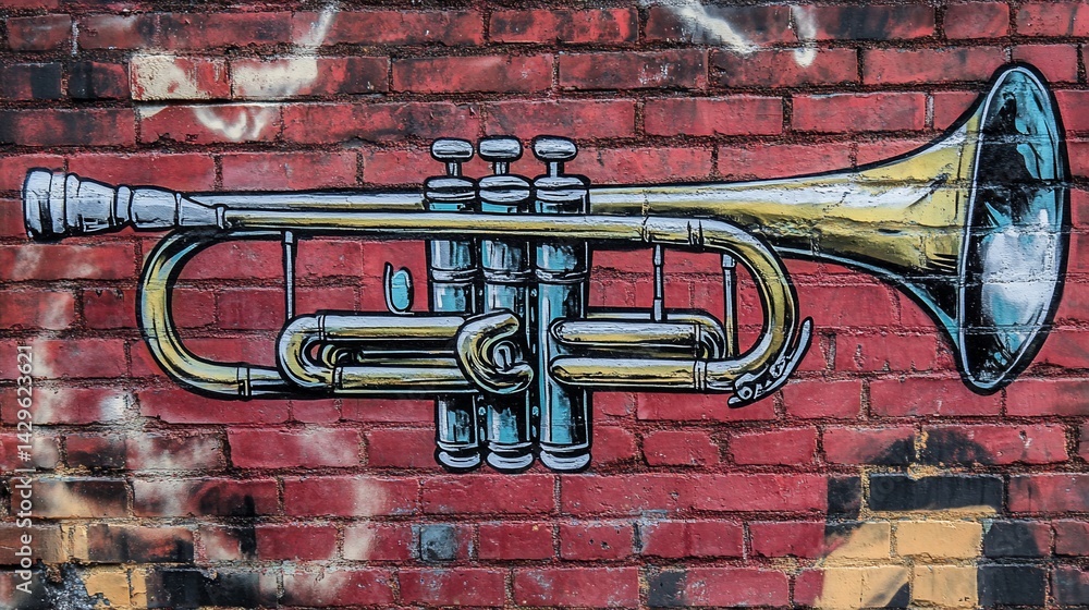 Trombone mural on brick wall