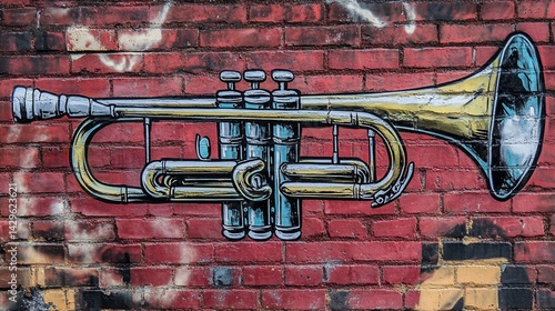 Obraz na płótnie Trombone mural on brick wall w salonie