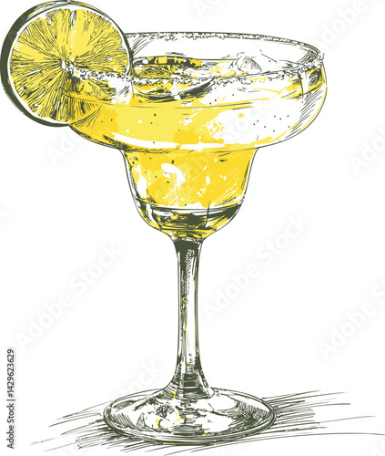 Illustration of a yellow cocktail in a margarita glass with lemon slice, vintage style. Vector illustration