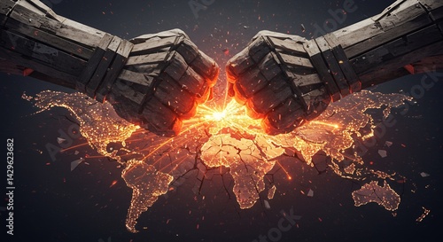 Colossal Shipping Pallet Fists Clashing Above a Fractured World Map