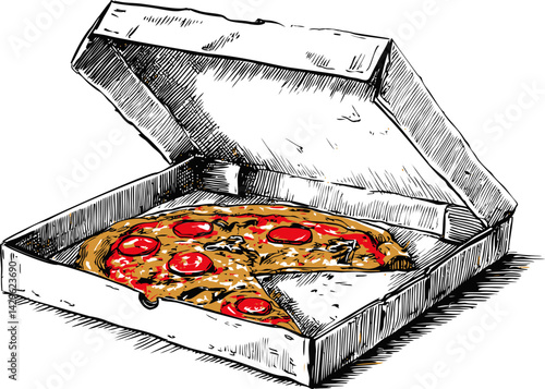 Black and white sketch of an open pizza box with pepperoni pizza inside. Vector illustration