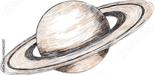 Sketch of saturn with detailed rings in black and brown hues, space illustration. Vector illustration